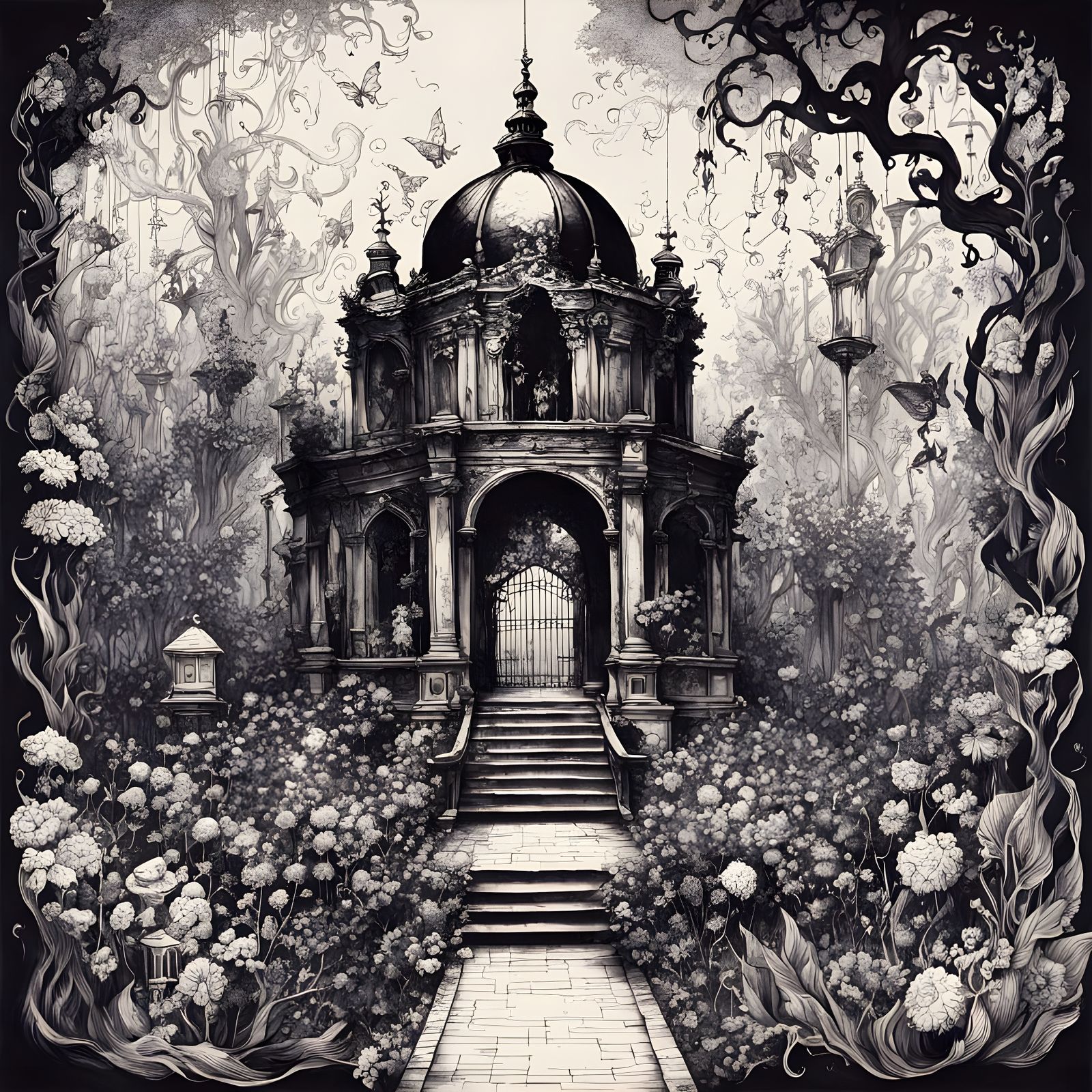 Dark Baroque Ink Drawing of a Savage Garden