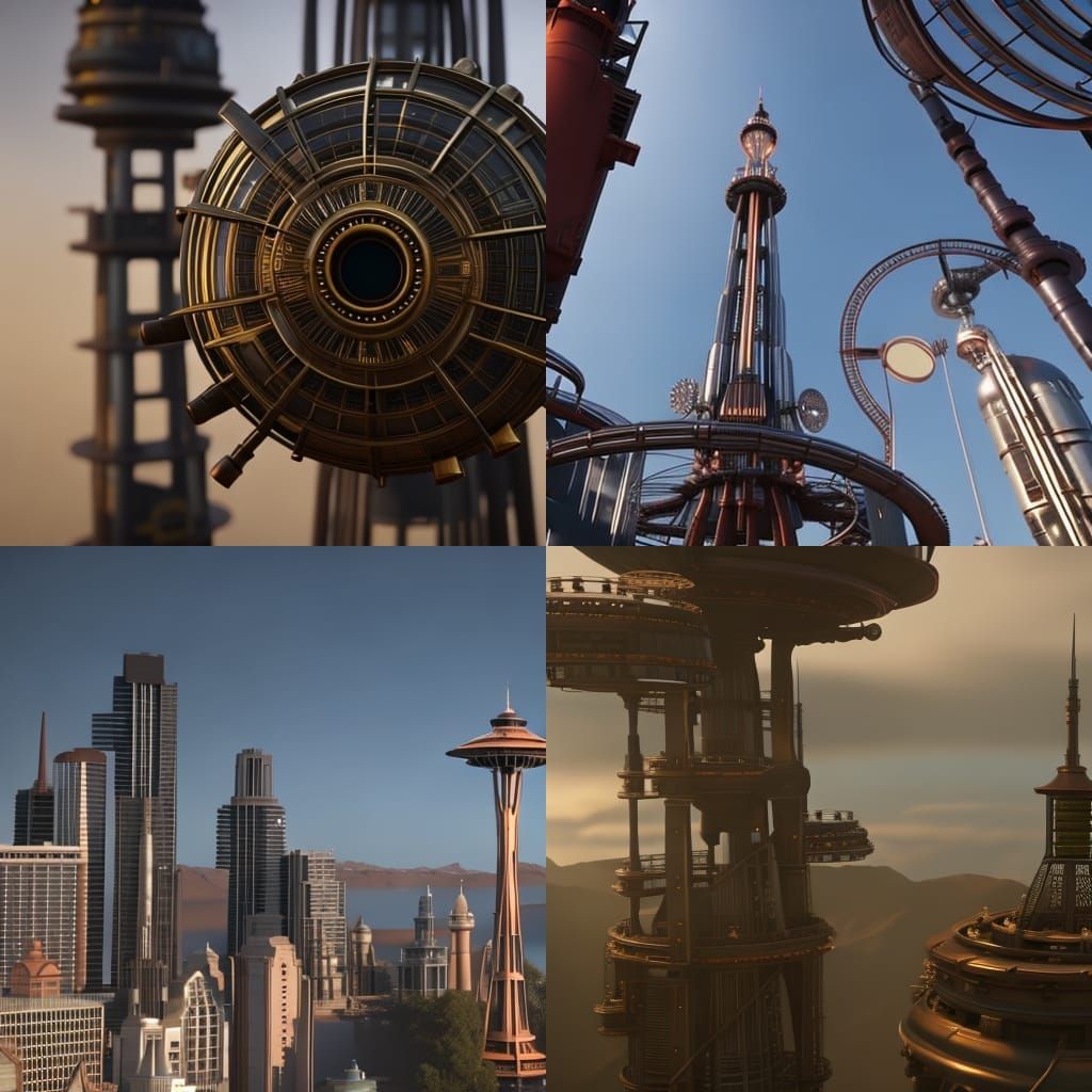 Steampunk Space Needle with Intricate Mechanical Details