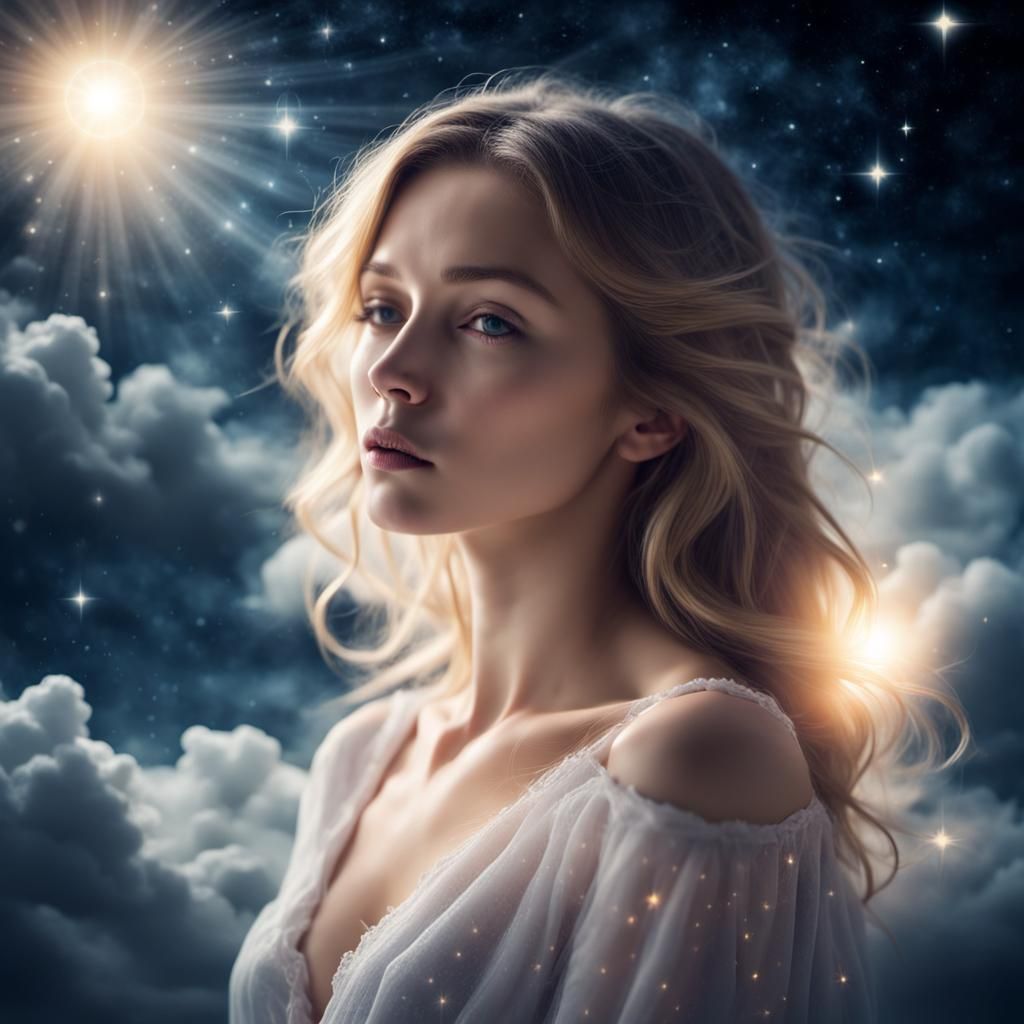 Woman Under Moonlight and Surreal Stars