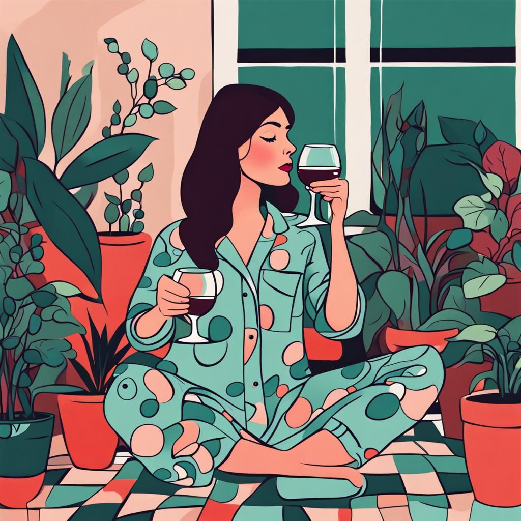 Cartoon Woman Enjoys Wine Among House Plants