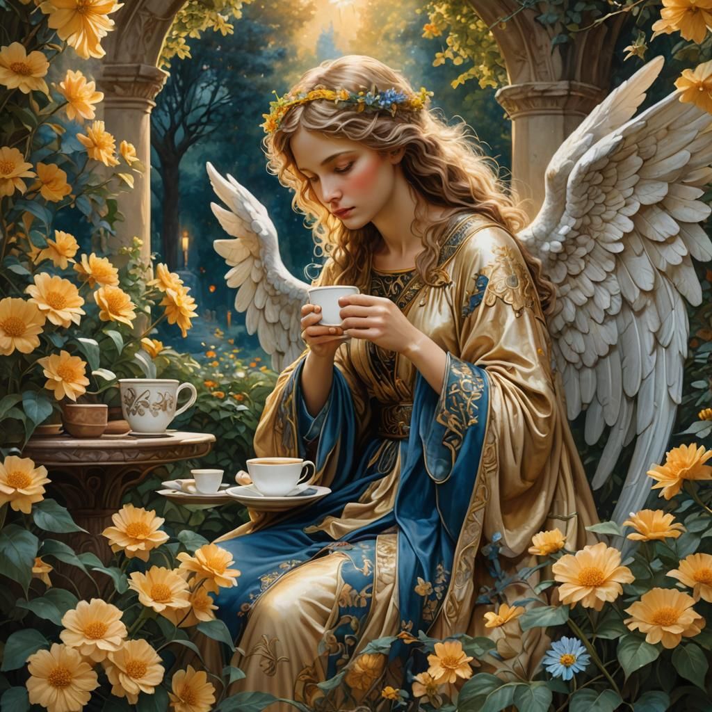 Angel Having Coffee in Park: Matte Painting