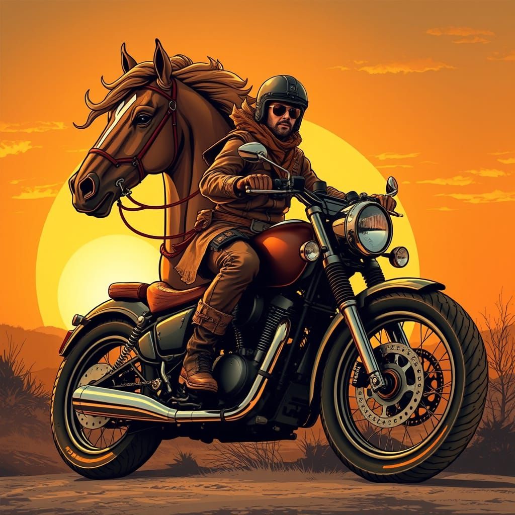 Elegant Rider Blends Motorcycle and Horse in Sunset Fusion