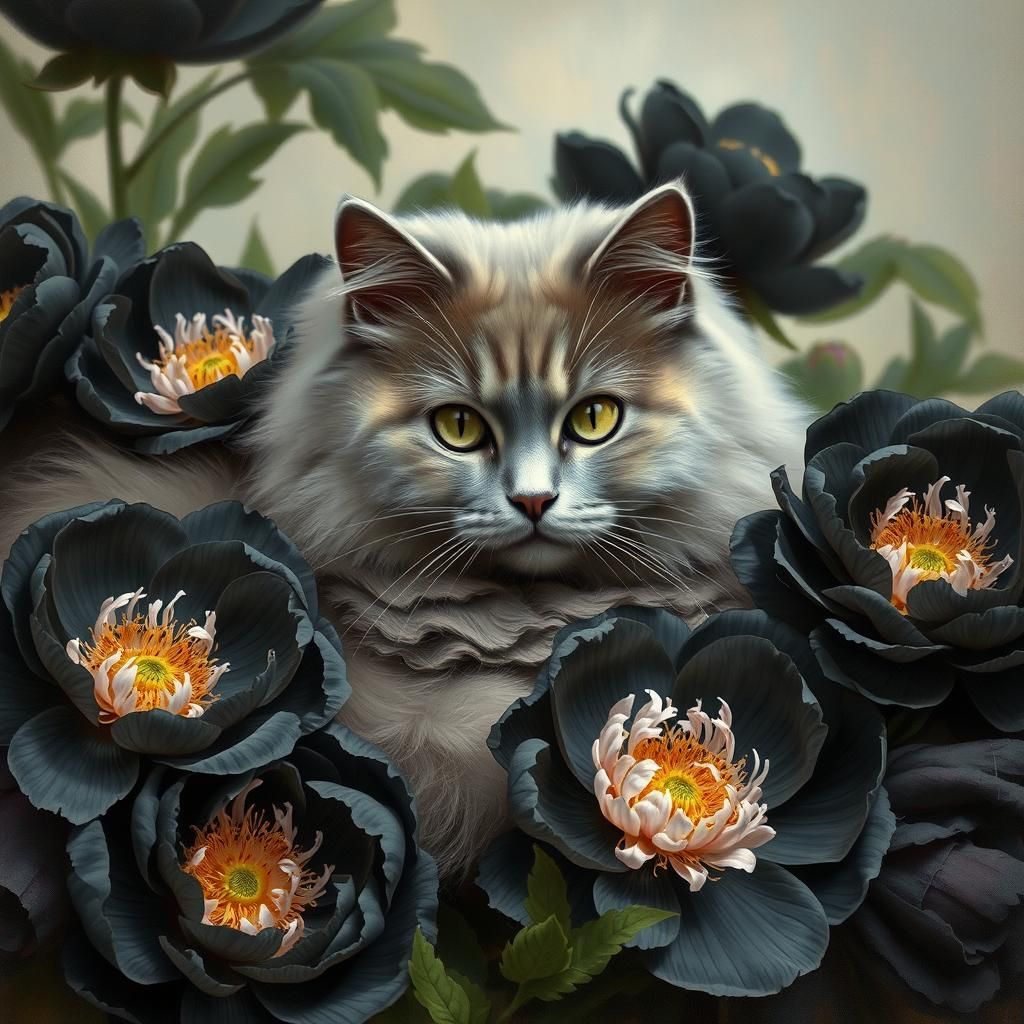 Grey Cat Lounging Among Black Peonies