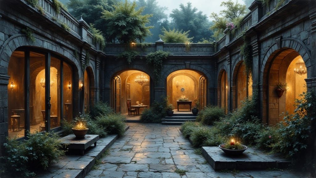 Courtyard Scene with Yakuza in Impasto Gouache Style