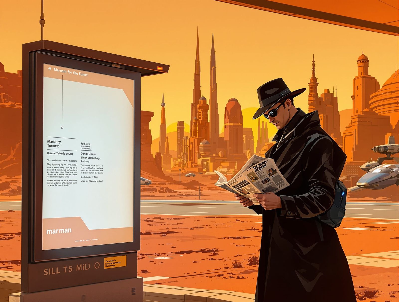 Martian Spy Reads Newspaper in Sci-Fi Film Noir Style