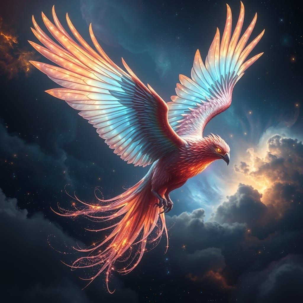 Bioluminescent Phoenix Soaring Through Nebula in Matte Paint...