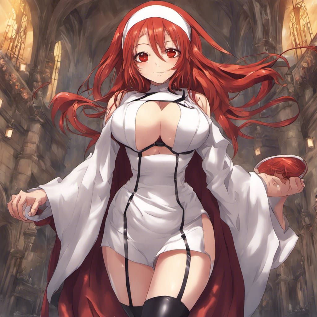 Anime Style Red-Haired Nun Digital Art