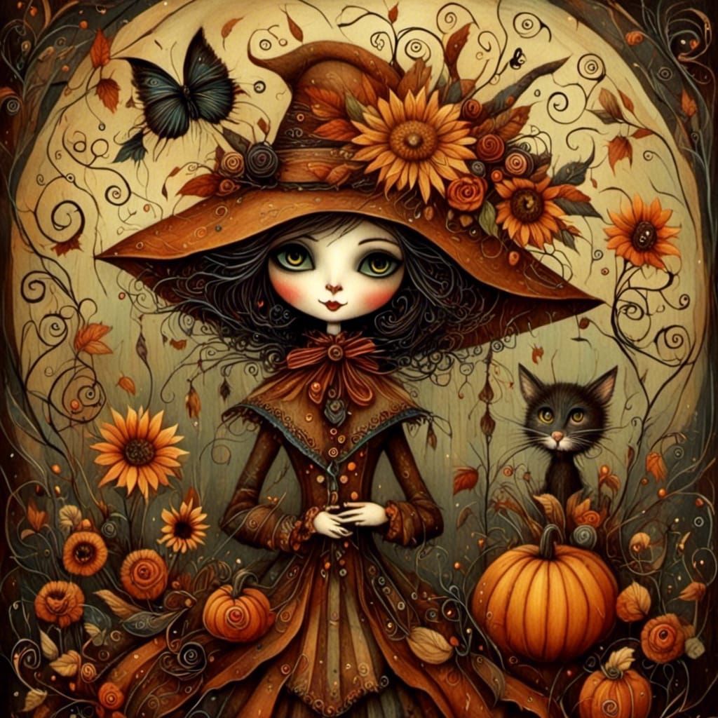 Whimsical Scarecrow Cat in Fall Colors