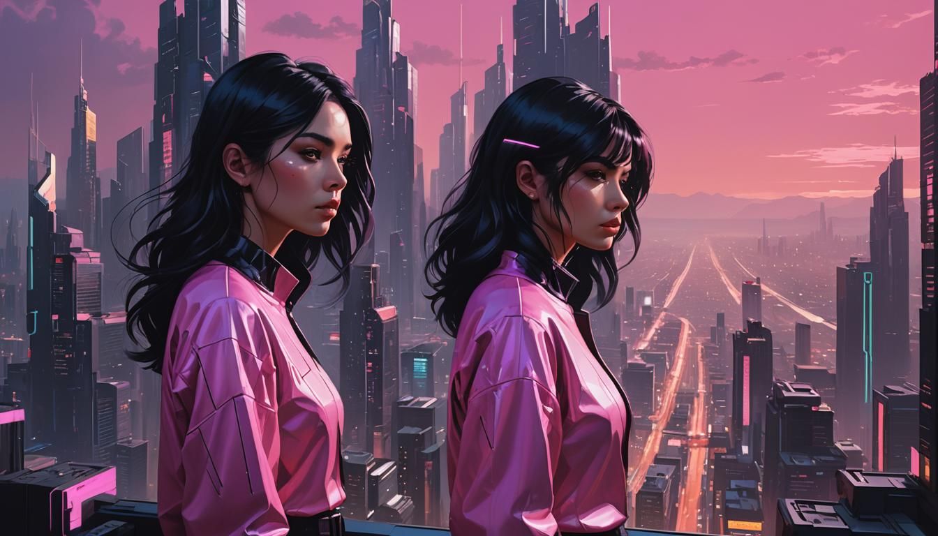 Cyberpunk Girl in Neon Cityscape, Hyperrealistic