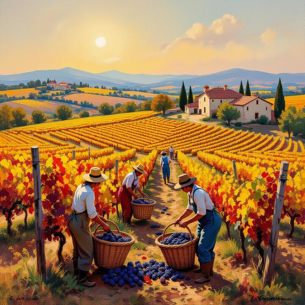 Sun-Drenched Vineyard Harvest Oil Painting