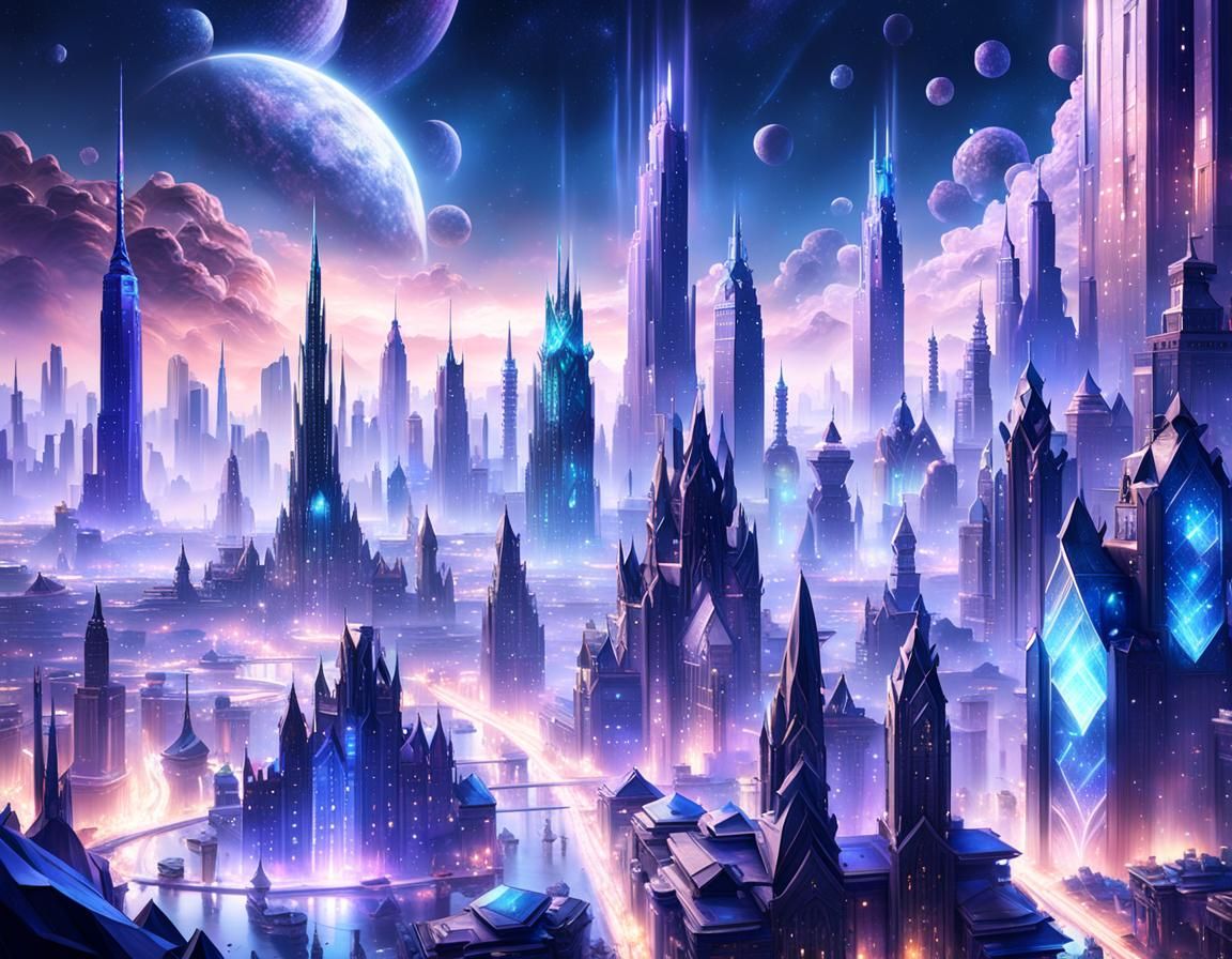 Crystal Cityscape Under a Midnight Galaxy