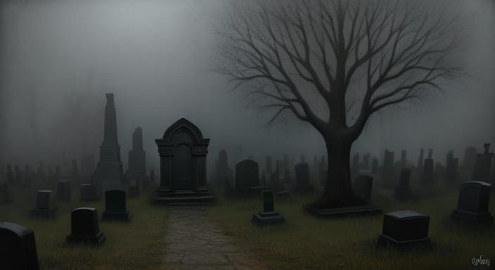 Creepy Foggy Cemetery in Dark Surreal Oil Painting