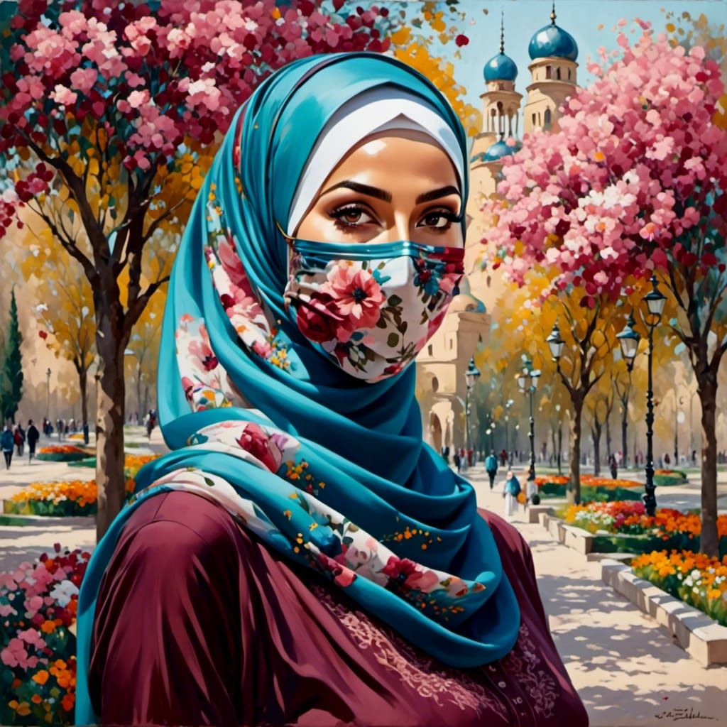 Beautiful Hijabi Woman in Spring Park Painting