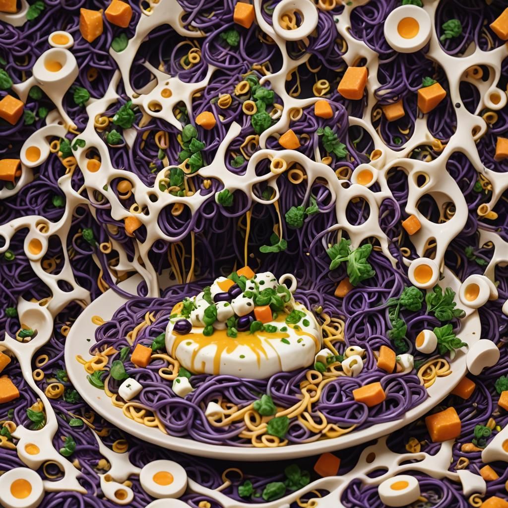 Surreal Purple Spaghetti with Golden Cheese Strings