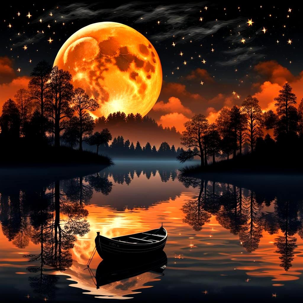 Glowing Orange Moon over Night Lake Landscape