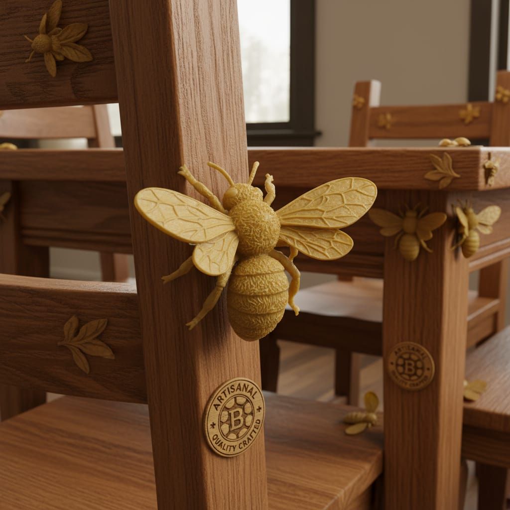 Hyperdetailed Beeswax Bee on Quality Wood Furniture