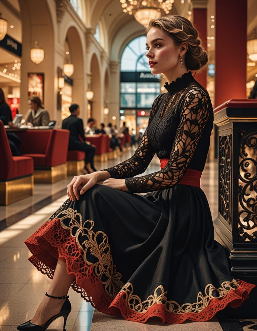 Woman in Mall: Hyper-Realistic Digital Art