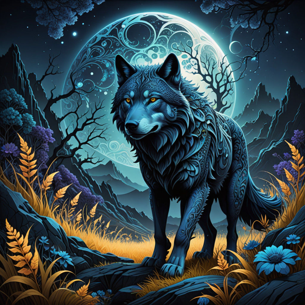 Ethereal Wolf in Fractal Landscape