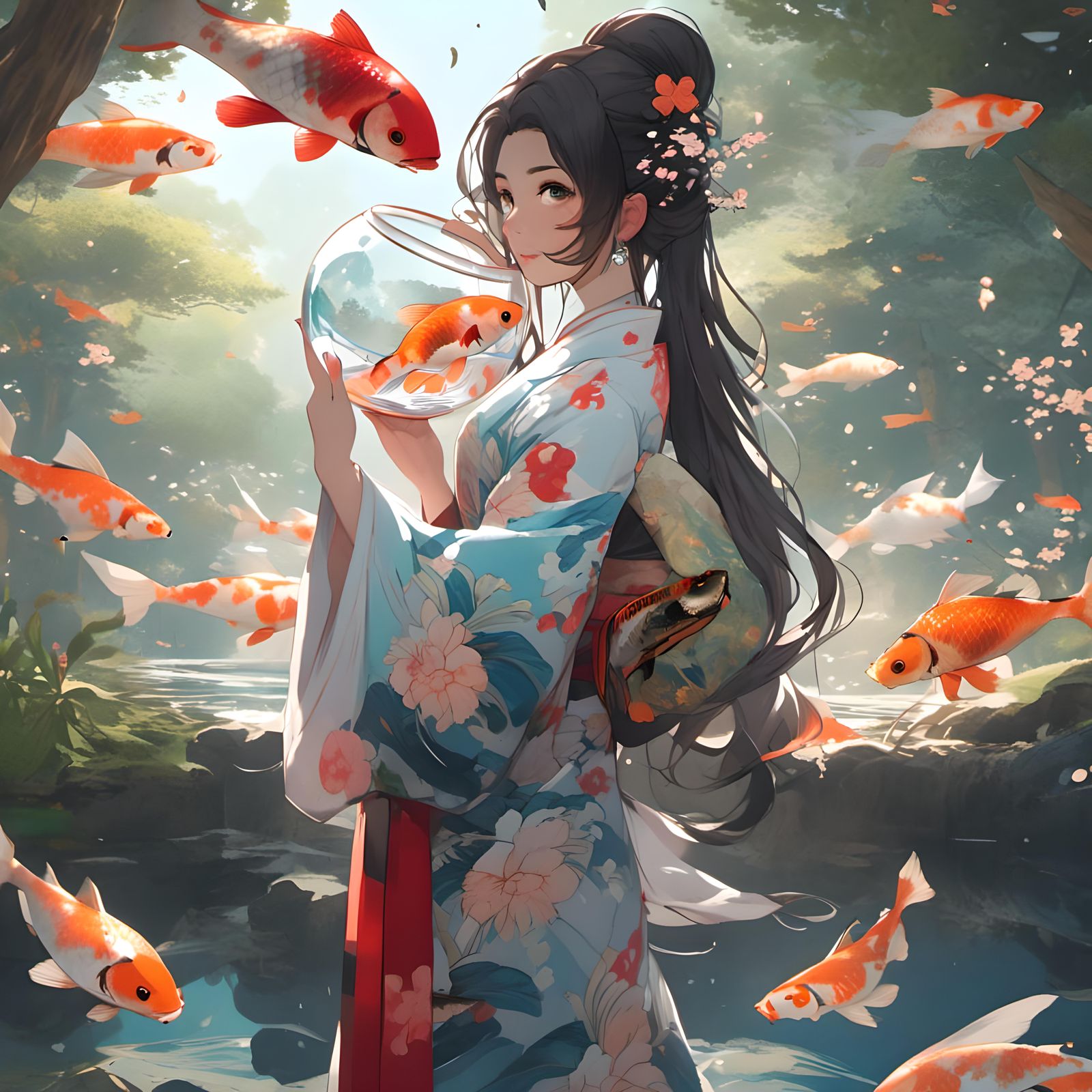 Kimono Woman Holding Koi Fish Bowl in Anime Style
