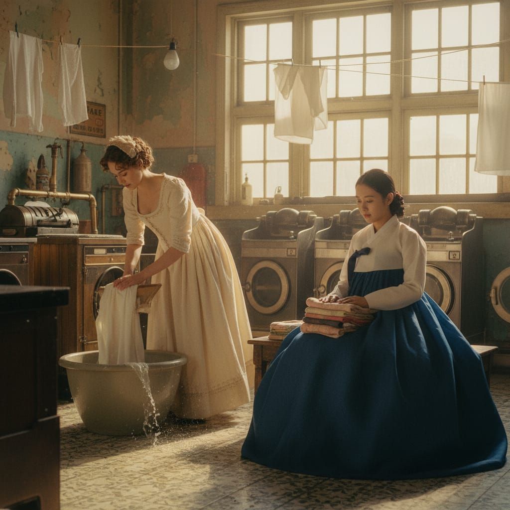 Regency and Joseon Women in Vintage Laundromat