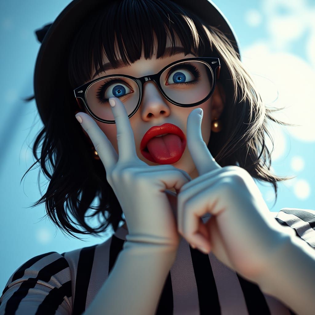 Mime Girl in Striped Socks, Low Angle Perspective