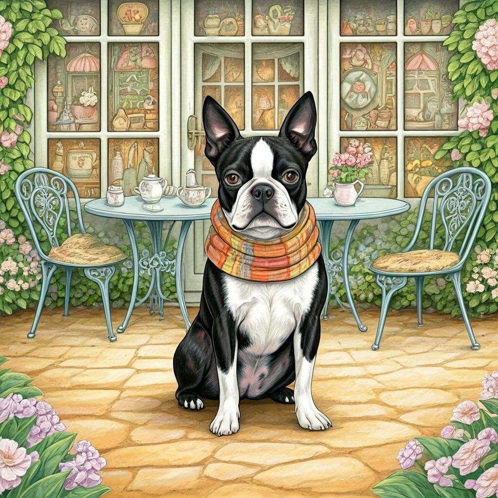 Boston Terrier at English Cafe, Watercolor Style