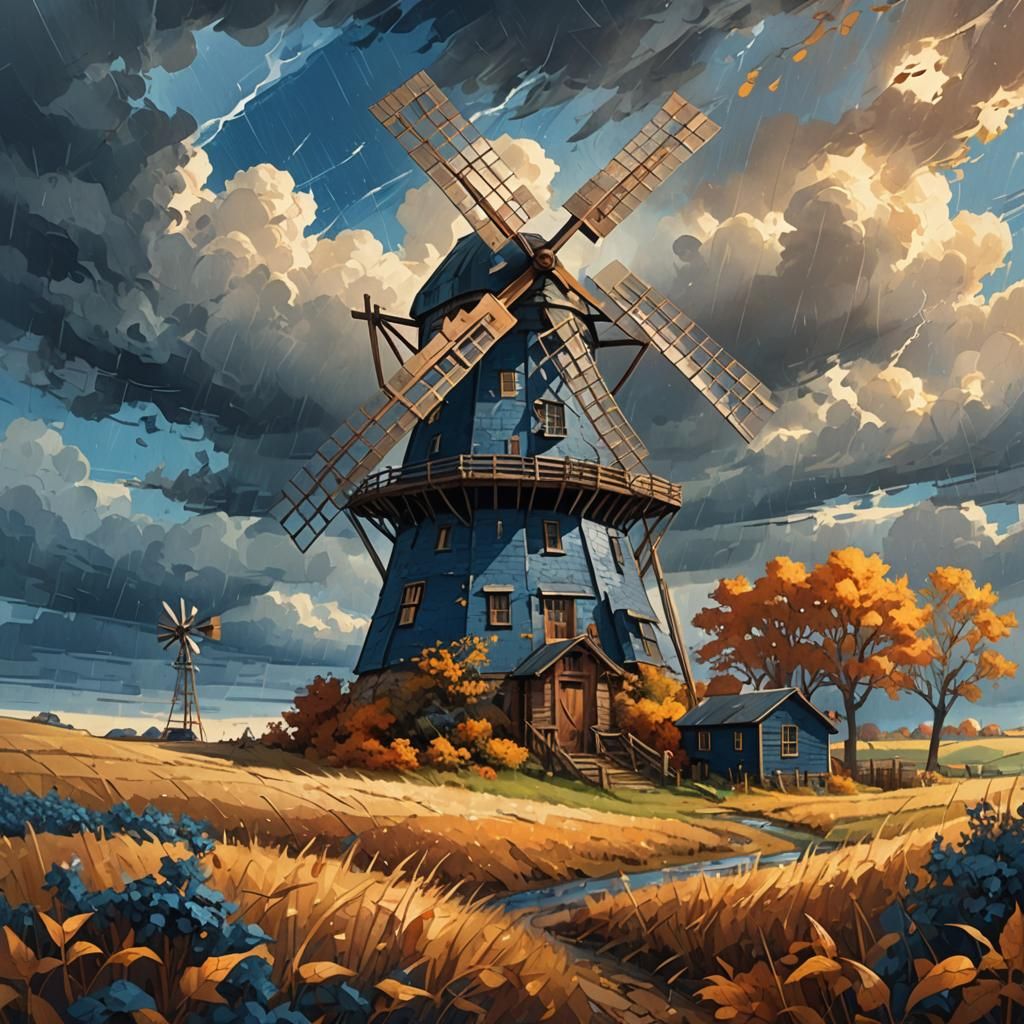 Autumn Windmill Fantasy Art in Comic Book Style