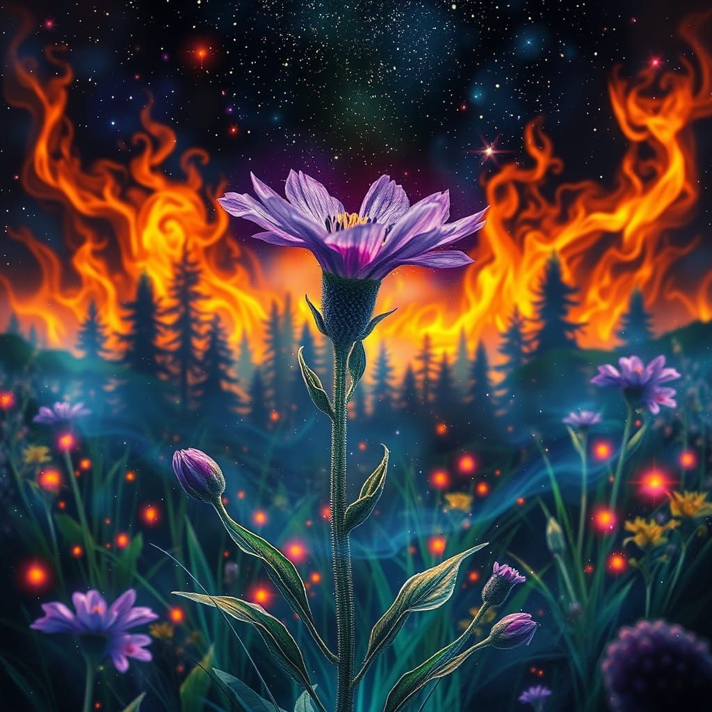 Astral Flower Blooms After Fire, Mixed Media Illustration