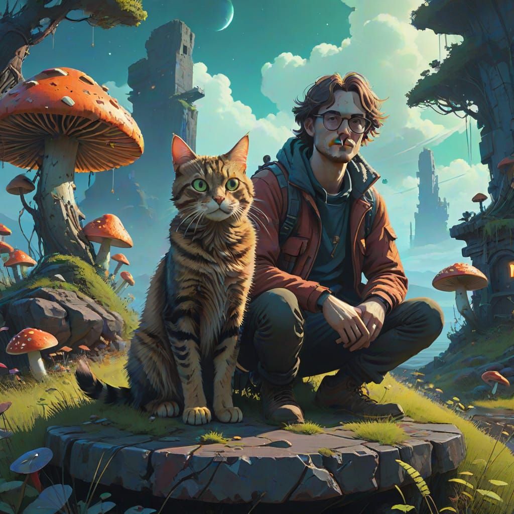 Young Man Sits Beside Kitten on Ancient Stone Pedestal in Dr...