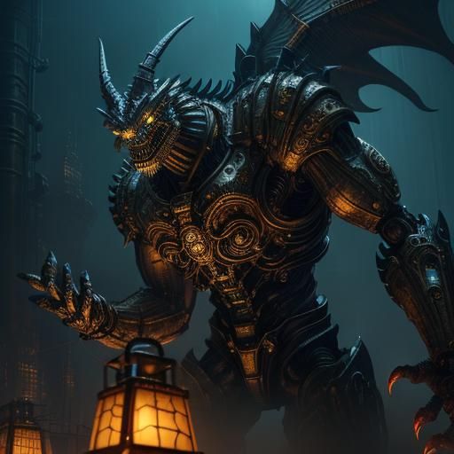 Colossal Gear Dragon Roaring in Industrial Metropolis