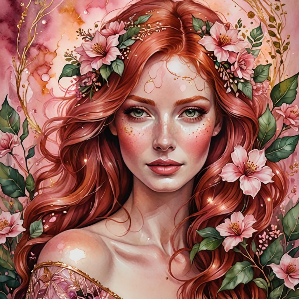 Redhead Woman Portrait with Flowers in Abstract Surrealism