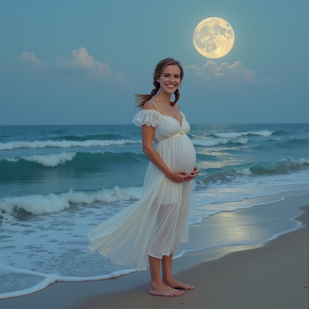 Twilight Beach: Woman Radiating Joy, Romantic Painting