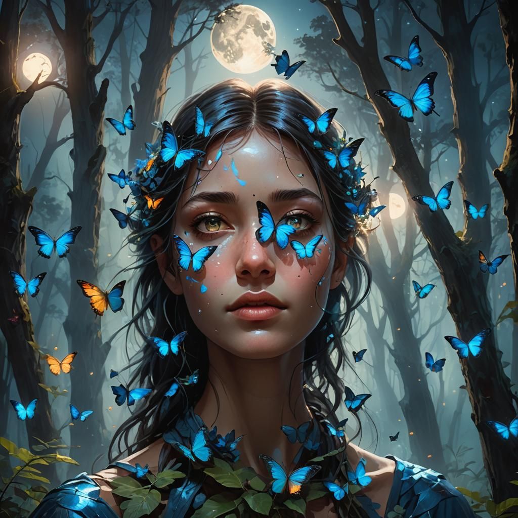 Glowing Blue Butterflies in Moonlit Forest, Sci-Fi Realism