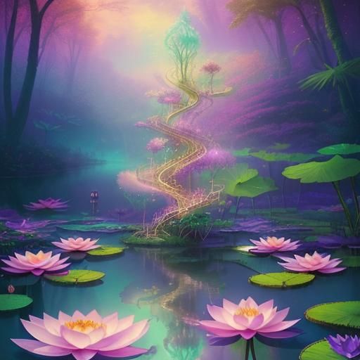 Psychedelic ethereal lake with Lotus flowers& psychedelic vibes& ethereal vibes& magical vibes& crystal vibes& shimmery ...