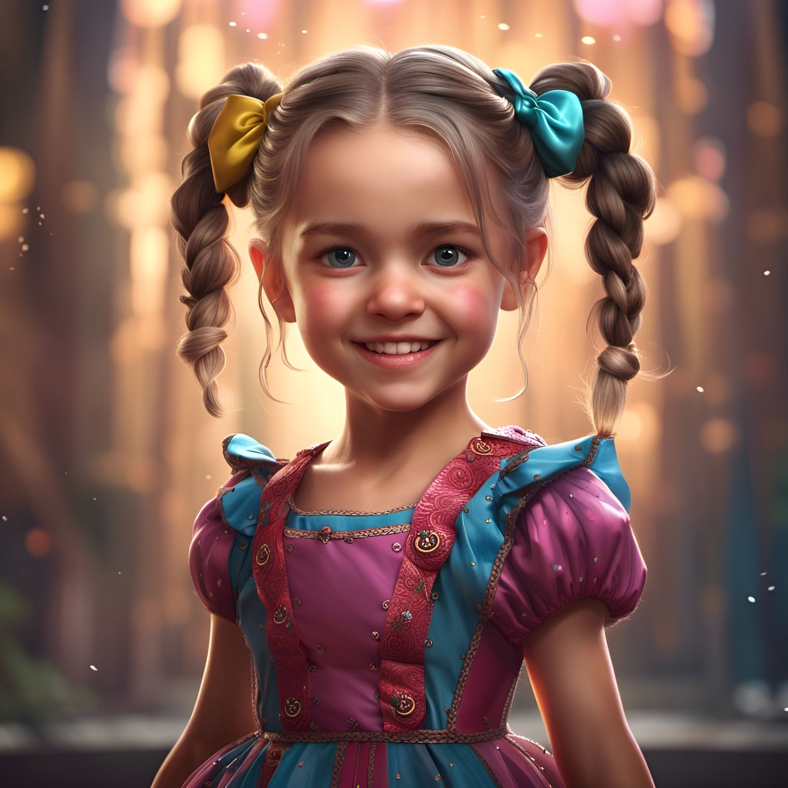 Smiling Little princess with pigtails and bows in her hair a...