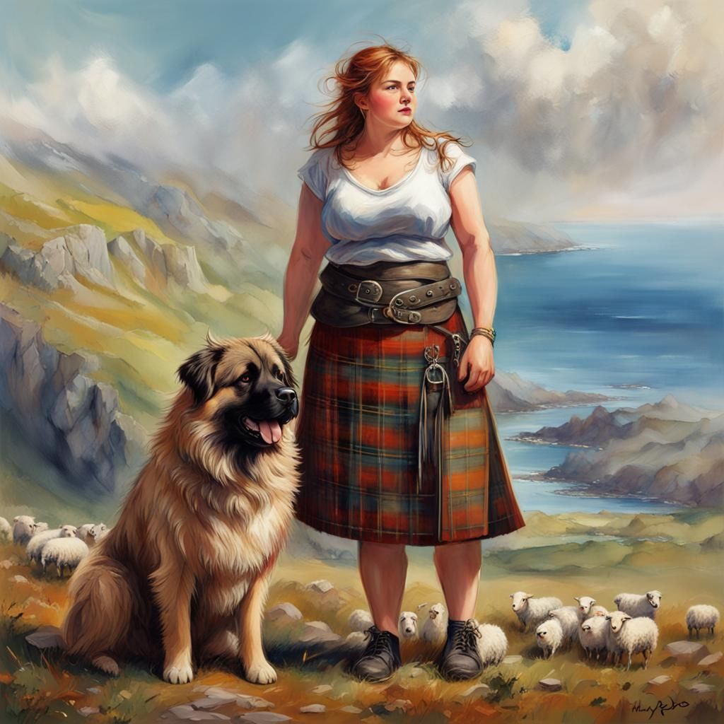 A beautiful chubby scottish woman wearing a kilt standing on...