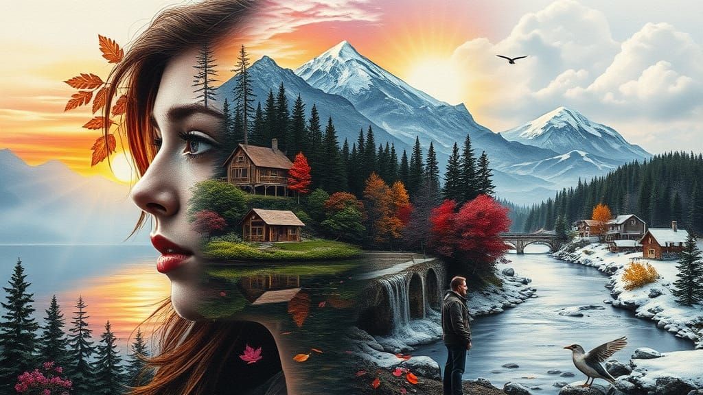 Woman's Head Merged with Nature Paradise in Charcoal