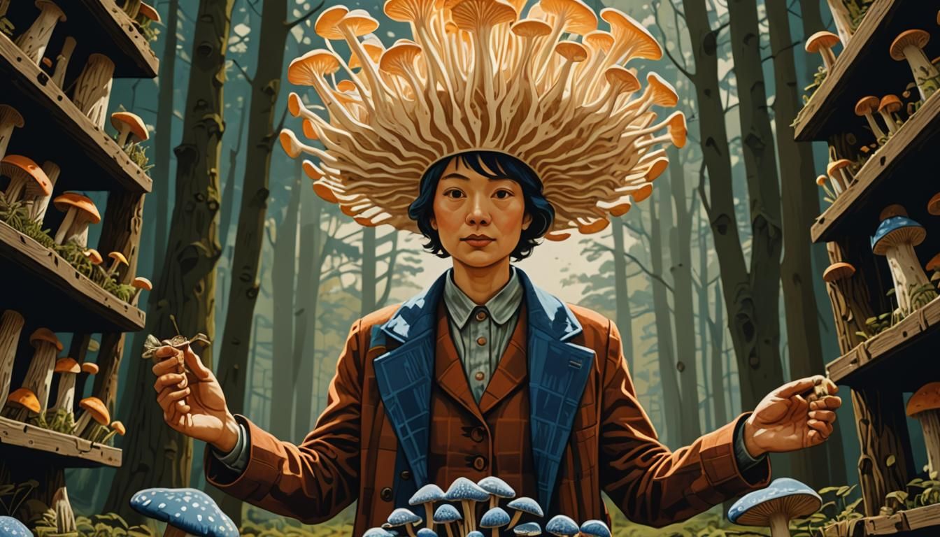 Blue and White Linocut: Mushroom Harvesters