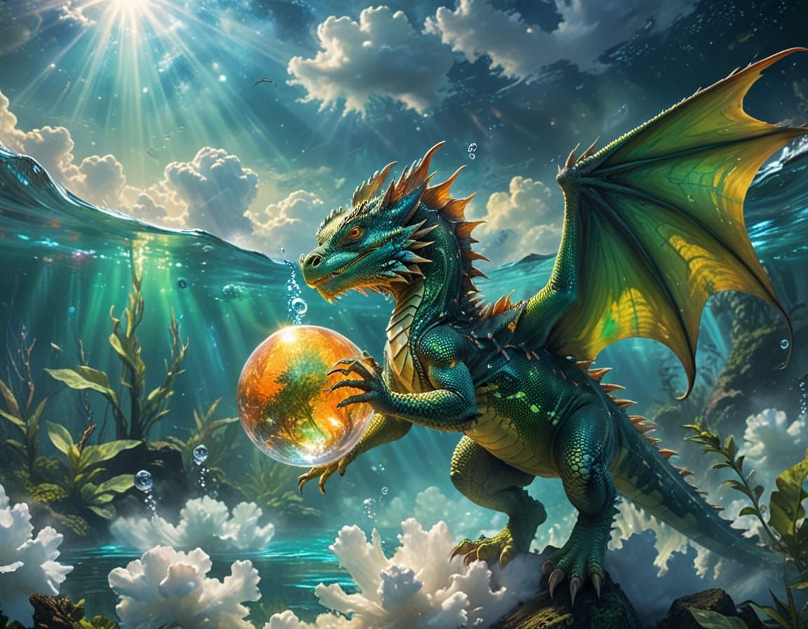 Vibrant Water Dragons Swimming with Crystal Ball