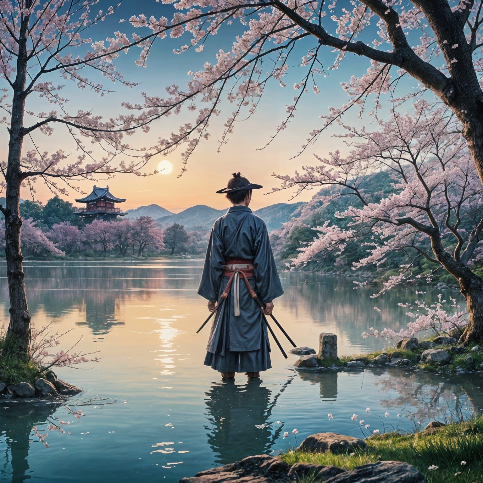Samurai Reflection at Dusk in Anime Style
