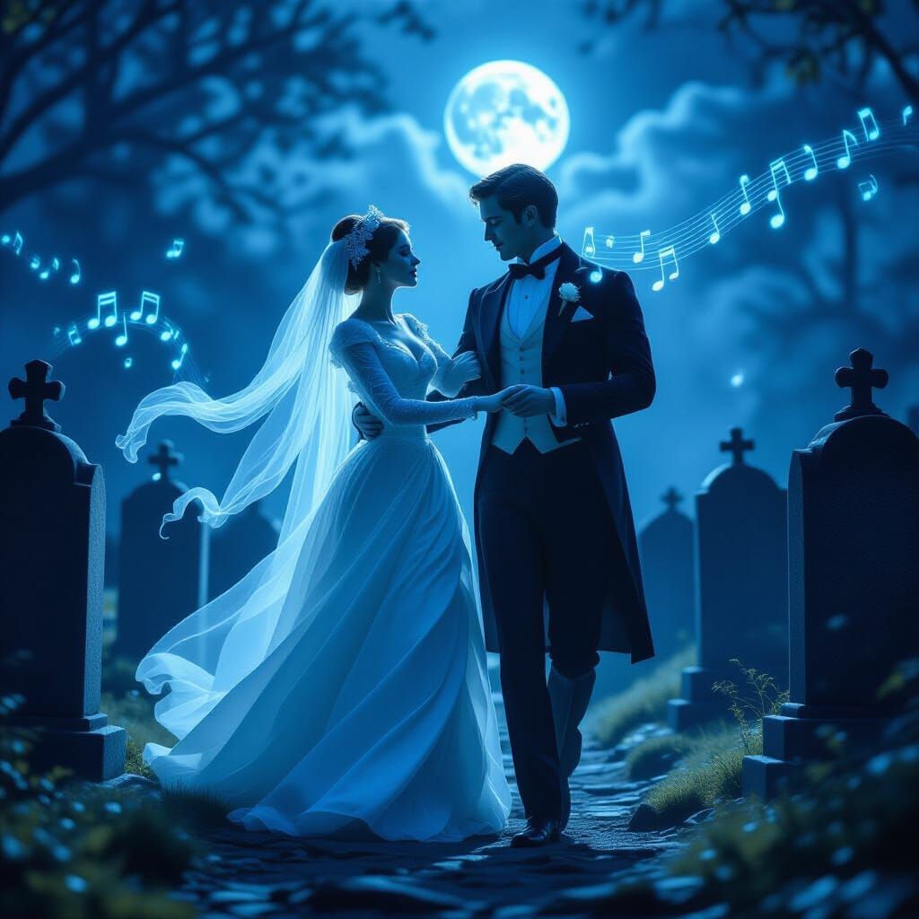Ethereal Phantom Couple Waltzing Under Full Moon