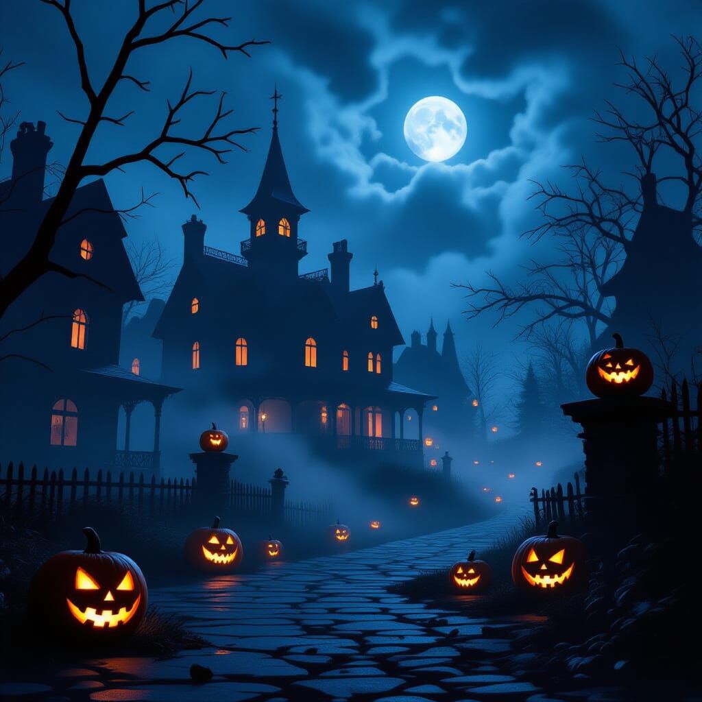 Spooky Halloween Town at Night in Cinematic Style