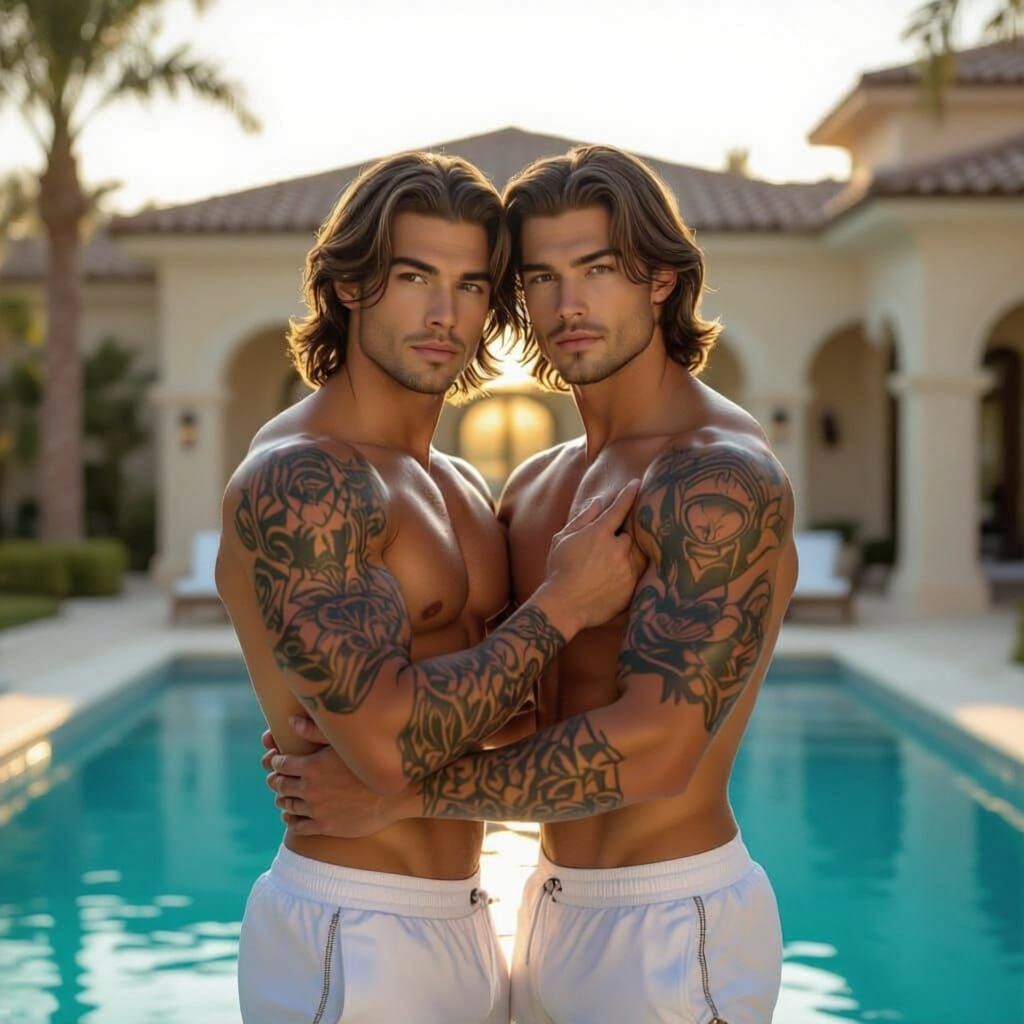 Tattooed Twin Bodybuilders Hugging by Luxurious Mansion Pool