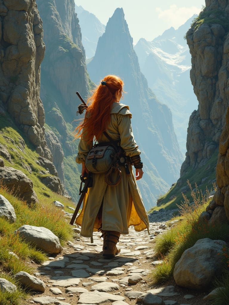 Ginger Adventurer in Mountain Pass: Fantasy Art
