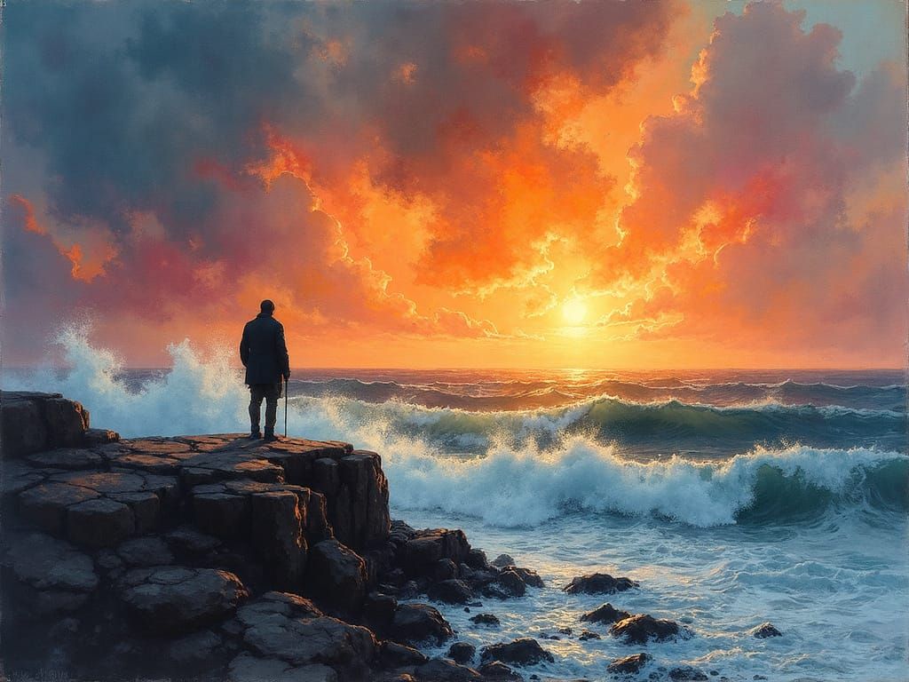 Stormy Sunset Seascape in Mixed Media Style