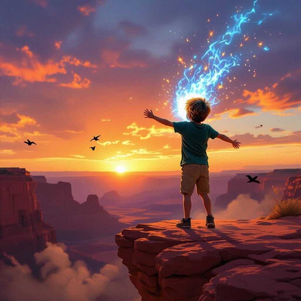 Boy Takes Flight in Canyon Sunset with Blue Flame
