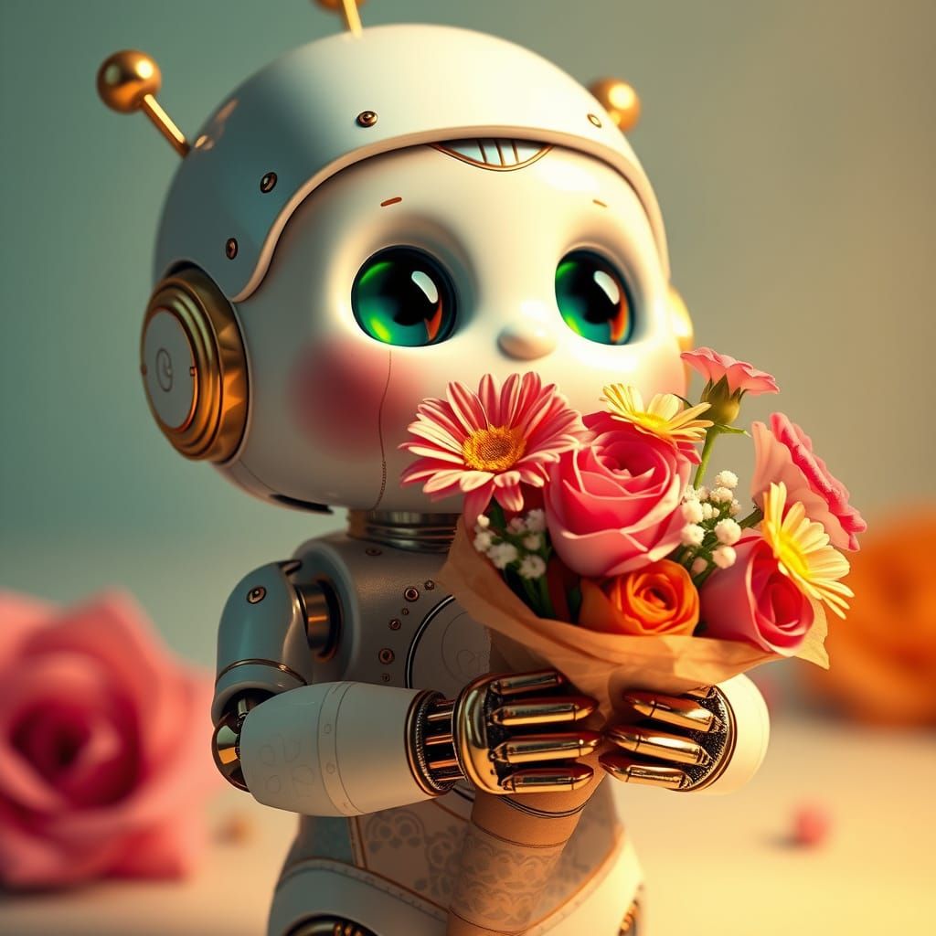 Retro-Futuristic Baby Robot Holding Vibrant Floral Bouquet