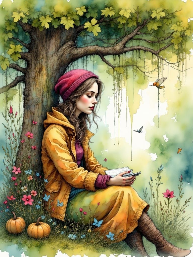 Cozy Figure Under Ancient Tree: Watercolor Illustration