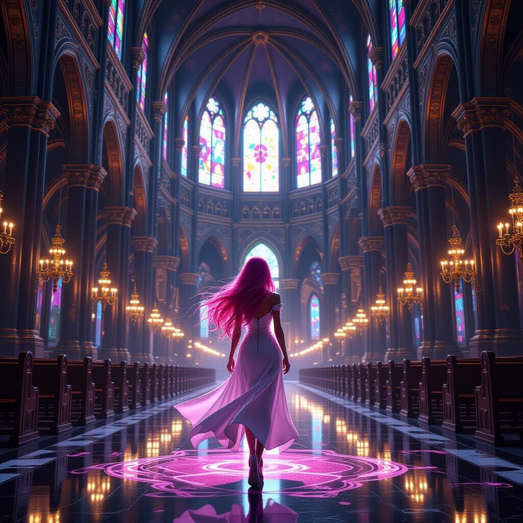 Pink Haired Woman Enters Stunning Cathedral