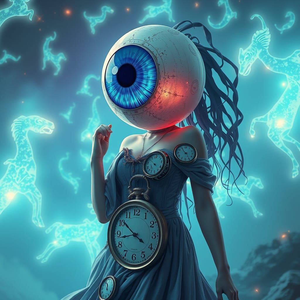 Surreal Eyeball Head Woman in Ethereal Dreamscape
